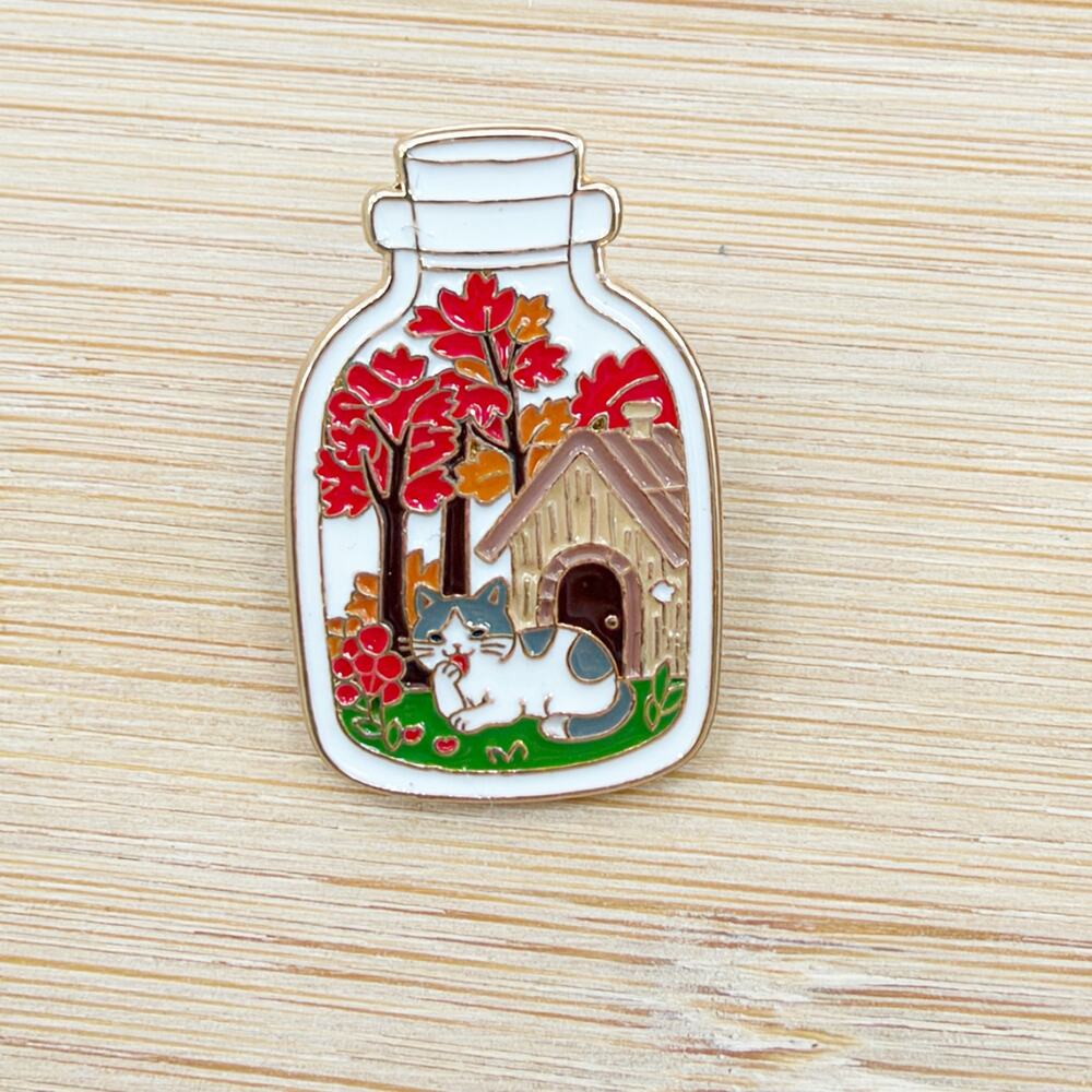 Autumn Cat Cottage Enamel Pin Cozy Fall Jar Nature Kitty Collectible - Picture 2 of 4